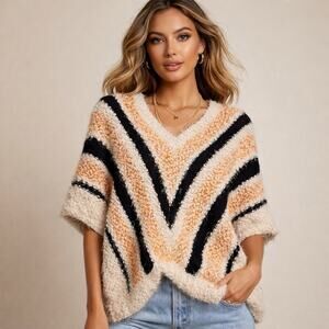 Love Spray Chunky Chevron Eyelash Poncho Sweater M/L